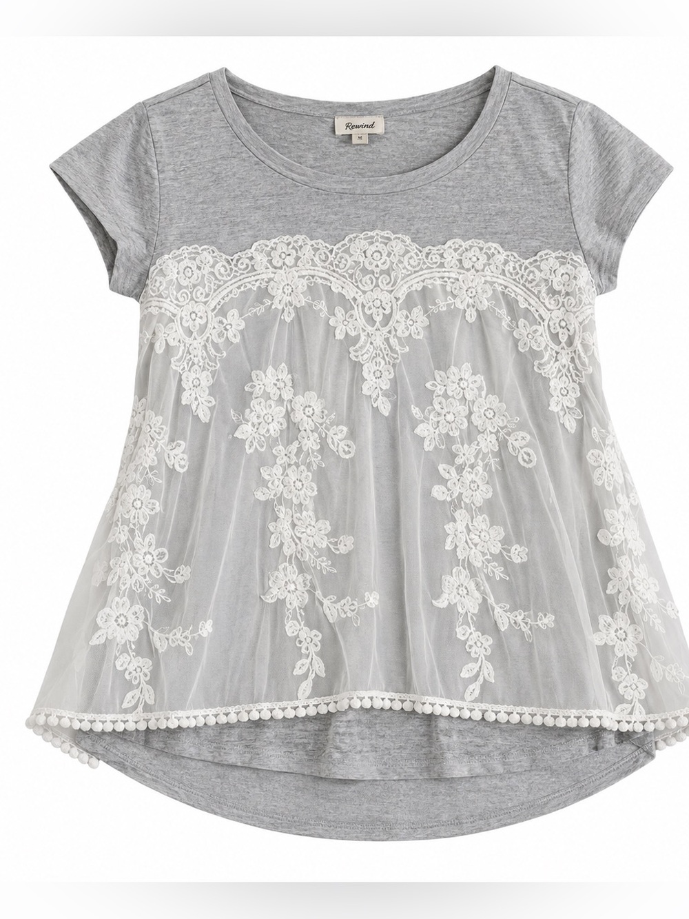 Rewind gray & white lace overlay casual top